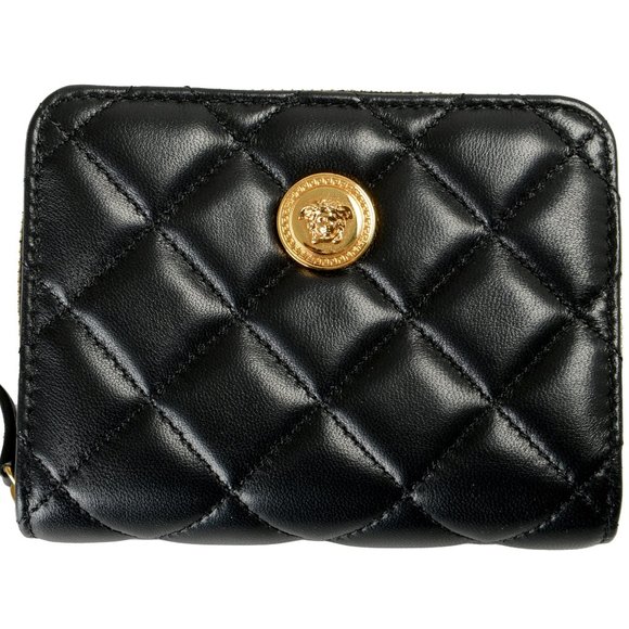 Versace Women's Black 100% Leather Quilted Zip Around Wallet